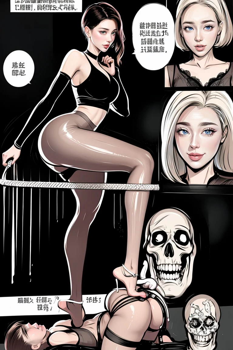 The beautiful girl in lace top and leggings is sitting astride a pile of skeletons in the center of the picture. She is holding a trembling sausage with juice squeezed out in her hand and smiling. There are multiple comic storyboards in the background，cbt, sausage bondage,sausage insertion,Sexy, trampling sausage with high heels heel,(masterpiece, best quality:1.2)，1 beautiful girl,sexy，comic storyboard:2, leggings, sit astride, axially symmetrical:2, ,femdom，sounding，cbt，hold，smile，colorful，leggings，thin gap，cameltoe，insertion，trembling，juice，spray， Long hair,Lace top,Sexy, Shiny leggings, High heel，cleveage, trampling, in forest, saliva , Mucus，