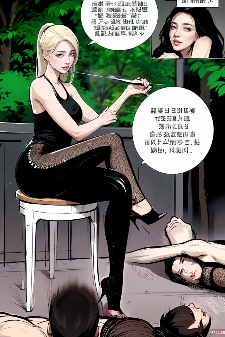 The beautiful girl in lace top and leggings is sitting astride a pile of skeletons in the center of the picture. She is holding a trembling sausage with juice squeezed out in her hand and smiling. There are multiple comic storyboards in the background,cbt, sausage bondage,sausage insertion,Sexy, trampling sausage with high heels heel,(masterpiece, best quality:1.2),1 beautiful girl,sexy,comic storyboard:2, leggings, sit astride, axially symmetrical:2, ,femdom,sounding,cbt,hold,smile,colorful,leggings,thin gap,cameltoe,insertion,trembling,juice,spray, Long hair,Lace top,Sexy, Shiny leggings, High heel,cleveage, trampling, in forest, saliva , Mucus,