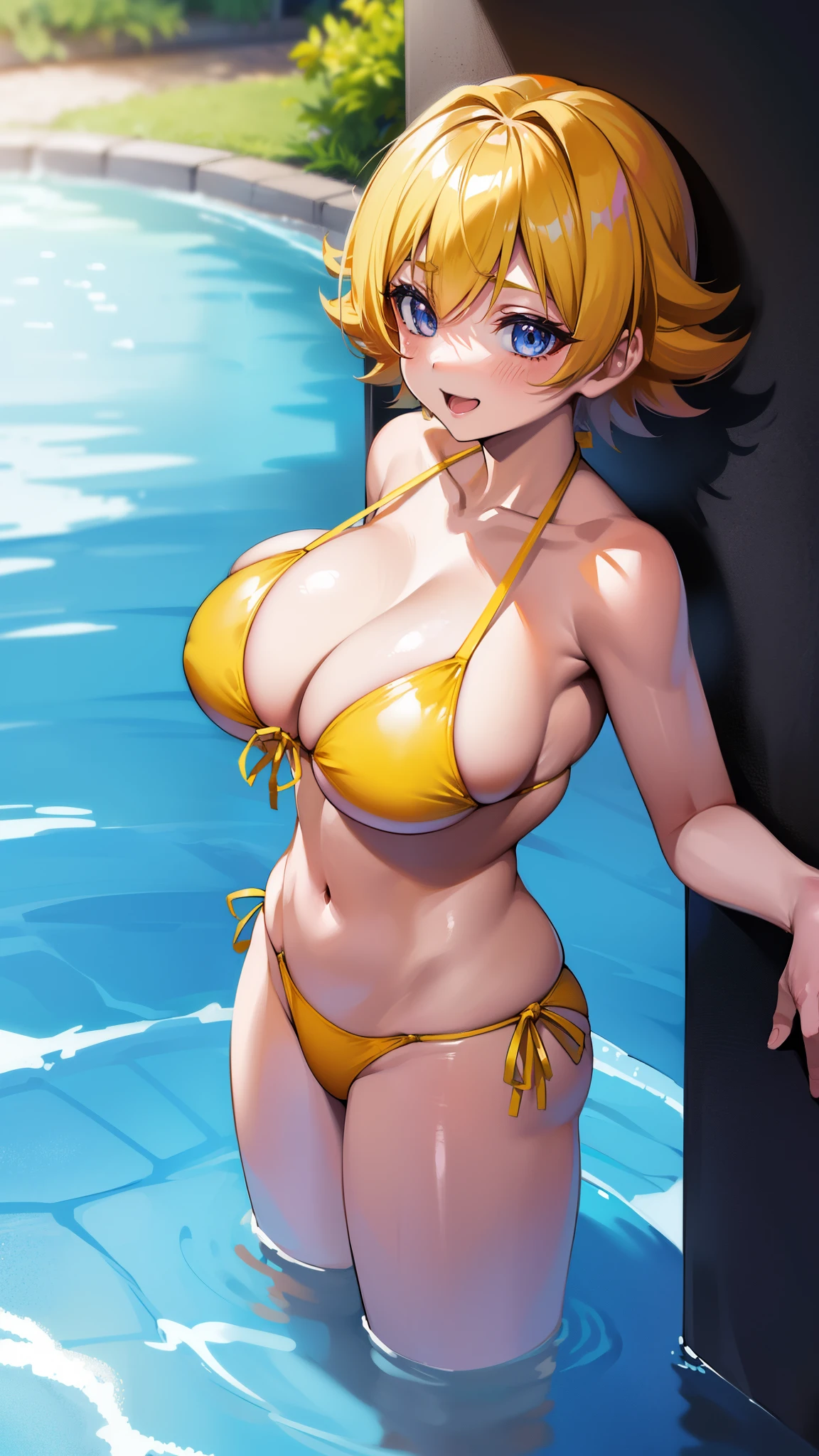 Sakura Igawa、Demon Shinobi、Highest quality、Highest１people々 girl,high quality,,((High resolution)), detailed, (Laughter.very happy,((Shiny skin)), (bikini:1.2)、(huge 、Blonde、Short Bob))、、((Pool))