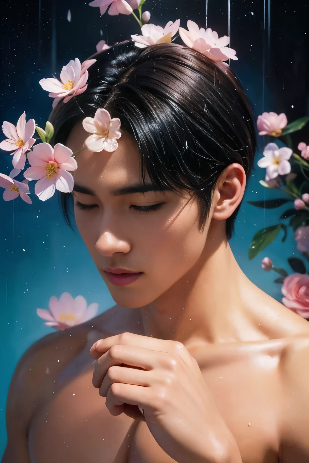 a muscular, 1 muscular man, solo, (oil painting:1.5), (NSFW:1.2), a muscular man joyfully twirling in the raining paint, 1boy, short hair, floral, Lycianthus ,In light pink and light blue styles..., Dreamy and romantic composition..., dripping flowers on his face, in the style of collage-based, made of insects, william wegman, colorism, white background, pencil art illustrations, national geographic photo, luxurious, extravagant, stylish, , opulent, elegance, stunning beauty, professional, high contrast, detailed, Depict a dreamy, whimsical scene with elements that seem to merge with the background,