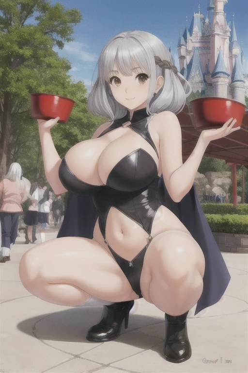 Create a crouching anime girl with silver hair and brown eyes, wide hips and big breasts in a 21-year-old theme park landscape.