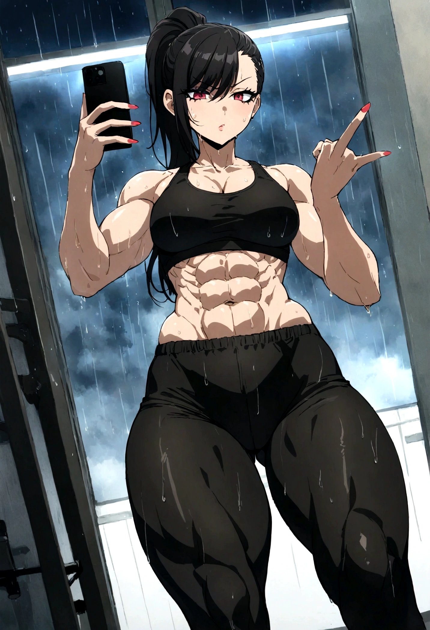 1girl, black hair, black clothes, crop top, leggings, big , thick thighs, muscular, gothic, detailed, red eyes, high quality, taking selfie, at gym, window in background with rain, anime, tall, abs, big butt, night time, mean look, gothic makeup, sweat on abs, pants showing muscular thighs, ponytail, black phone, low angle, black eye liner, black makeup, pants lowered showing more leg on left side, showing middle fingers towards camera