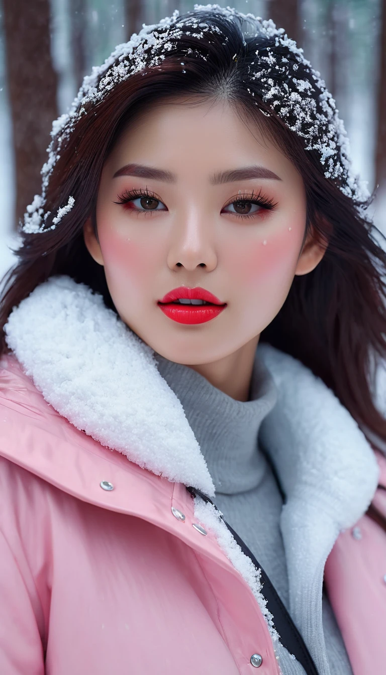 1 girl, Korean model, extremely beautiful, perfect body. The Canon EOS R5 camera combines the Canon EF 200mm f/2.8L IS III USM lens, adjusted to capture sharp landscapes and even the entire body of the character. 8K photo quality, lifelike, masterpiece, sharpest and highest contrast, super realistic color photos. Her hair is pink, long and smooth, the wind blows it beautifully under the bright sunlight. Beautiful face, perfect and sexy, holy, perfectly proportioned, beautiful in every detail, ((shiny)), high-end cosmetic makeup. Bright smile, pure white teeth and details. Attractive glossy red lips, brilliant glossy red lipstick. Brown eyes, glossy, seductive, ((sharp makeup)), realistic, ((wet eyes)), detailed. Pink eyeshadow, long eyelashes, blush, high-end cosmetics. Two delicate eyelids, perfectly beautiful and detailed, black eyelashes. Eyebrows are curved, sparse, sharp and detailed. High and detailed nose. Cheeks are prominent and detailed. ((Bright white skin)), detailed pores, shiny skin, smooth skin. Long, shiny legs. Hands are beautiful, perfect, ((no flaws)), no defects. Complex light, yellow-black rays, ((lights the face)), sparkling sunlight, ((lights the girl's body)). Gold and silver earrings, diamond necklace, emerald belt, Rolex watch.
Slim-fitting jacket dress above the knee, snowy pine trees, snowflakes, fog, cold air, cinematic lighting, dramatic silhouettes, fantasy, depth of field, volumetric lighting, covered trees Falling snow, snow falling in hair, beautiful background scenery, detailed background, super detailed. Panoramic photo of a girl standing in a pine forest filled with white snow.