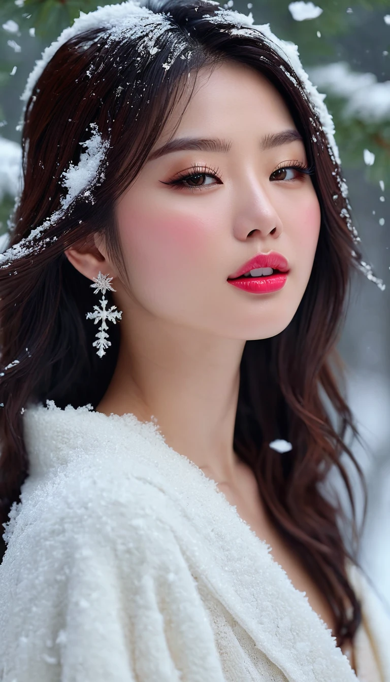 1 girl, Korean model, extremely beautiful, perfect body. The Canon EOS R5 camera combines the Canon EF 200mm f/2.8L IS III USM lens, adjusted to capture sharp landscapes and even the entire body of the character. 8K photo quality, lifelike, masterpiece, sharpest and highest contrast, super realistic color photos. Her hair is pink, long and smooth, the wind blows it beautifully under the bright sunlight. Beautiful face, perfect and sexy, holy, perfectly proportioned, beautiful in every detail, ((shiny)), high-end cosmetic makeup. Bright smile, pure white teeth and details. Attractive glossy red lips, brilliant glossy red lipstick. Brown eyes, glossy, seductive, ((sharp makeup)), realistic, ((wet eyes)), detailed. Pink eyeshadow, long eyelashes, blush, high-end cosmetics. Two delicate eyelids, perfectly beautiful and detailed, black eyelashes. Eyebrows are curved, sparse, sharp and detailed. High and detailed nose. Cheeks are prominent and detailed. ((Bright white skin)), detailed pores, shiny skin, smooth skin. Long, shiny legs. Hands are beautiful, perfect, ((no flaws)), no defects. Complex light, yellow-black rays, ((lights the face)), sparkling sunlight, ((lights the girl's body)). Gold and silver earrings, diamond necklace, emerald belt, Rolex watch.
Slim-fitting jacket dress above the knee, snowy pine trees, snowflakes, fog, cold air, cinematic lighting, dramatic silhouettes, fantasy, depth of field, volumetric lighting, covered trees Falling snow, snow falling in hair, beautiful background scenery, detailed background, super detailed. Panoramic photo of a girl standing in a pine forest filled with white snow.