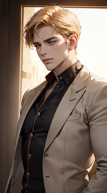 (best quality, masterpiece, 8K, photorealistic, cinematic lighting, 1:4 hdr image, ultra detailed, beautiful image), a mature man, 34 years very handsome, ((cold expression)), short golden hair, red eyes, face perfect without mistakes, ((buttoning his jacket, CEO))