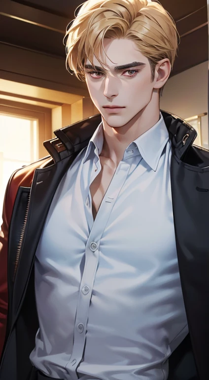 (best quality, masterpiece, 8K, photorealistic, cinematic lighting, 1:4 hdr image, ultra detailed, beautiful image), a mature man, 34 years very handsome, ((cold expression)), short golden hair, red eyes, face perfect without mistakes, ((buttoning his jacket, CEO))