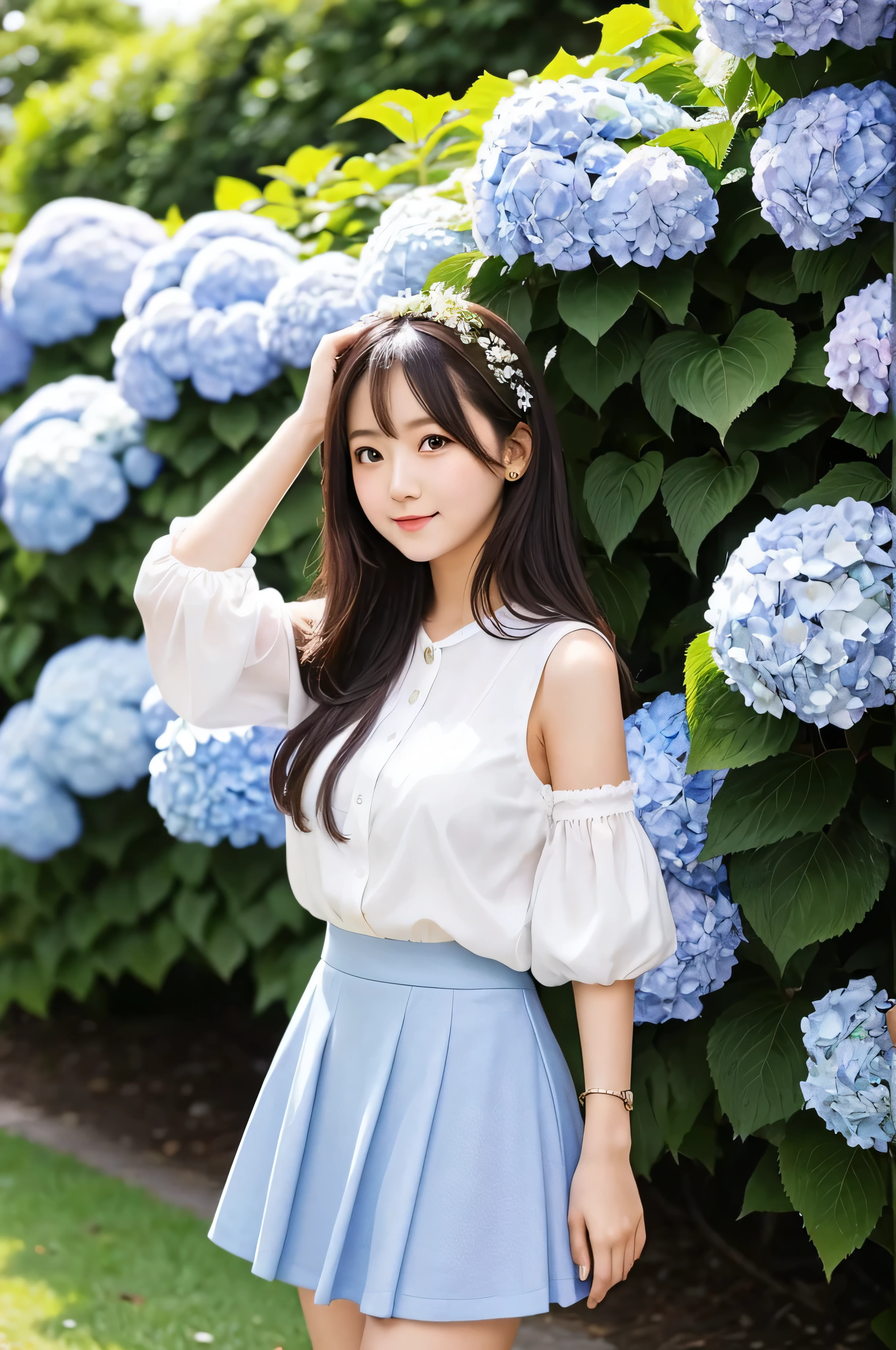 A cute 21-year-old girl standing in a park with hydrangeas in bloom(mini skirt)