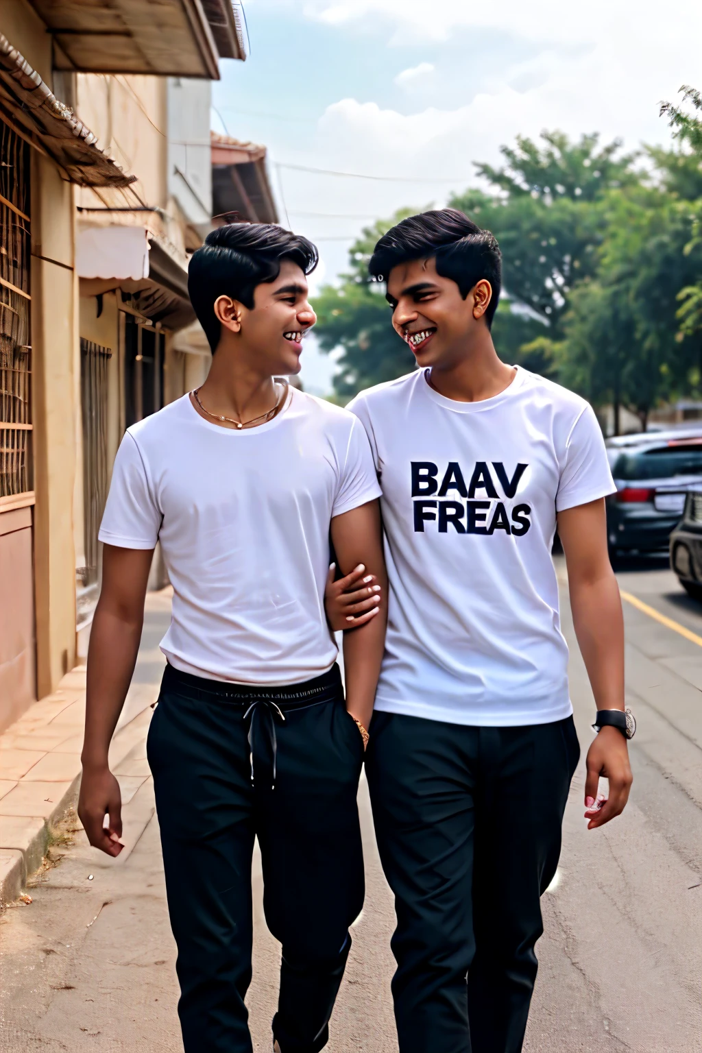 18 years old two indian boys walking on road, they are talking each other with laughing, first boy is wearing black T-shirt, with black pant, with name "Ismile" and second boy wearing White T-shirt on which Name Asif" is written, realistic image , 4k quality image. the words best friends written at top sky  , make sure name should be visible.
Bes