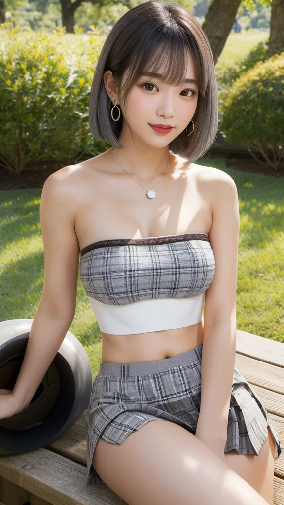 (8k, Photorealistic, Raw photo, Highest quality: 1.4),Japanese idol-style beautiful girl,1 person,18-year-old,Hairstyle(Very Short Bob,silver),She has her hair tucked behind her ears,She wears small earrings in her ears,pupil(big,Transparent grey color :1.5),Long eyelashes,Plump Cheeks,She is lip(Orange :1.5)on the lips,Apply gloss over your lipstick for glossy, plump lips,Smiling,A short pendant is hanging around her neck,Blackのマニキュアを両手の爪に塗っている,Blackのマニキュアを両足の爪に塗っている,(Summer knitwear(Tube top :1.5,White :1.7)Wearing it on bare skin),I can see her cleavage,(Pleated skirt(Plaid,Black :1.7)Wear),(barefoot),(On the grass under the tree in the park),(Sit in a hu sit :1.7),(Place your hands on your crotch),She is surrounded by the gentle sunlight filtering through the trees.,Angle from the front,whole body ports