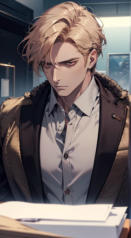 (best quality, masterpiece, 8K, photorealistic, cinematic lighting, 1:4 hdr image, ultra detailed, beautiful image), a mature man, 34 years very handsome, ((cold expression)), short golden hair, red eyes, face perfect without mistakes, ((buttoning his jacket, CEO))