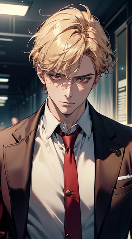 (best quality, masterpiece, 8K, photorealistic, cinematic lighting, 1:4 hdr image, ultra detailed, beautiful image), a mature man, 34 years very handsome, ((cold expression)), short golden hair, red eyes, face perfect without mistakes, ((buttoning his jacket, CEO))