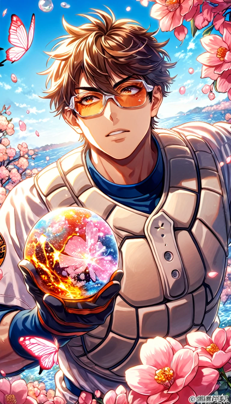 absurdres, highres, ultra detailed, HDR, master piece, best quality, extremely detailed face, delicated features, Miyuki Kazuya, brown hair, messy and windswept, expressive amber eyes, sport glasses, Diamond No Ace, solo, sexy man, handsome, white baseball uniform, catcher, black gloves, water, blossoms, pink flowers, pink butterflies, fantasy, magic, radiant