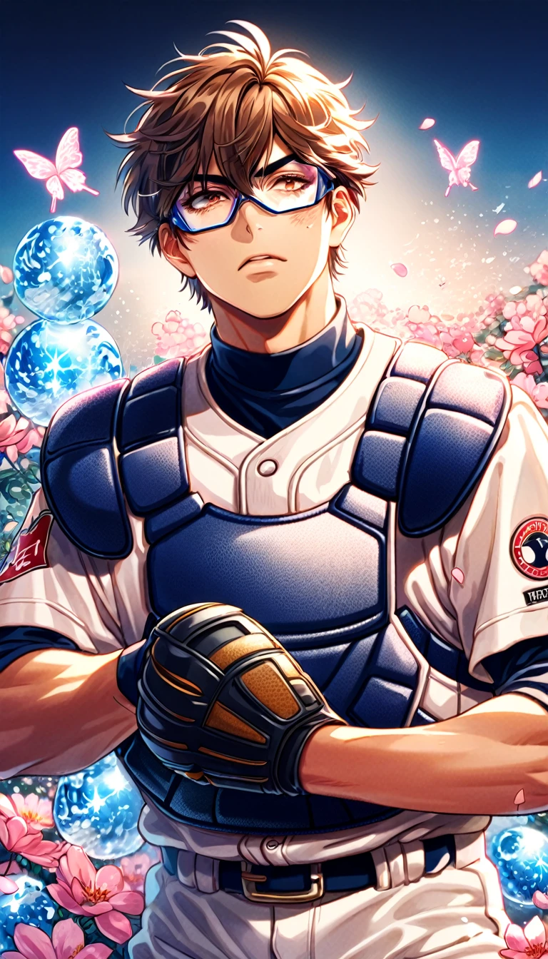 absurdres, highres, ultra detailed, HDR, master piece, best quality, extremely detailed face, delicated features, Miyuki Kazuya, brown hair, messy and windswept, expressive amber eyes, sport glasses, Diamond No Ace, solo, sexy man, handsome, white baseball uniform, catcher, black gloves, water, blossoms, pink flowers, pink butterflies, fantasy, magic, radiant