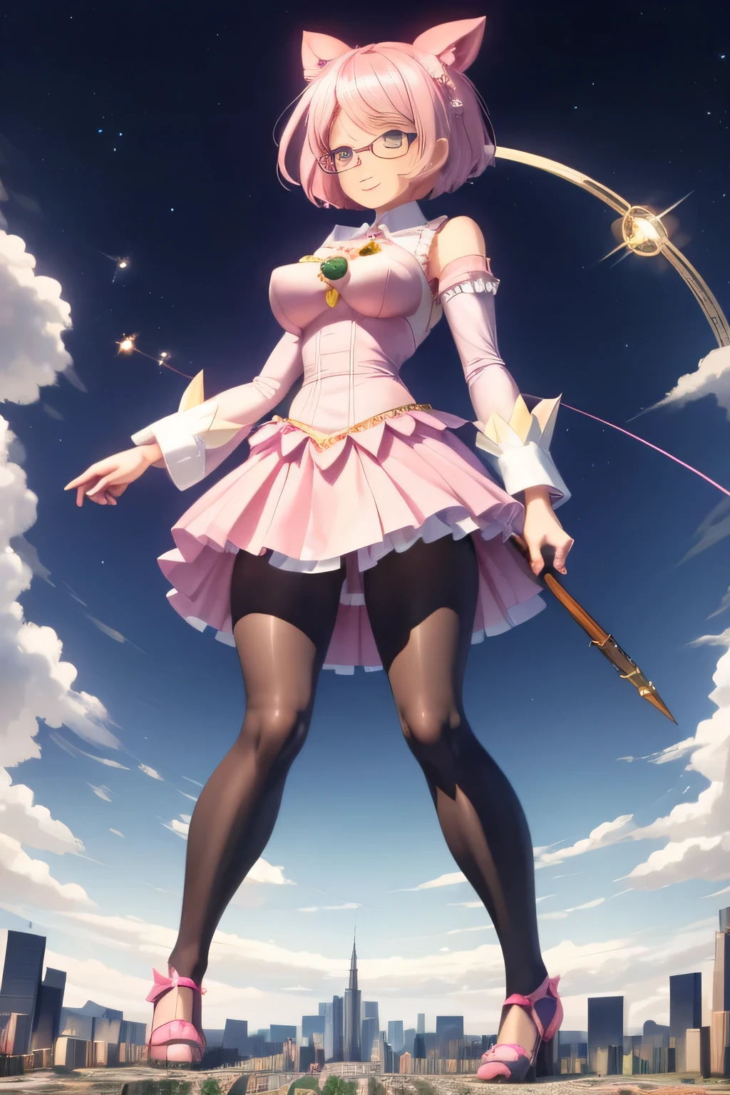 giantess art, highly detailed giantess shots, giantess, Two legs, Five fingers, short hair, A beautiful girl who is bigger than a skyscraper, Wearing rimless glasses, smile, Big Breasts, pink dress, bow, magical girl, holding a magical wand, black pantyhose, pink stiletto heels, thunderbolt from a magical wand, Destroying cities, A very small big city, Miniature metropolis, Full body description, GTS, giga giantess, stomping city, crash city, tiny city, micro city, pantyhose feet, High resolution, highest quality, masterpiece,