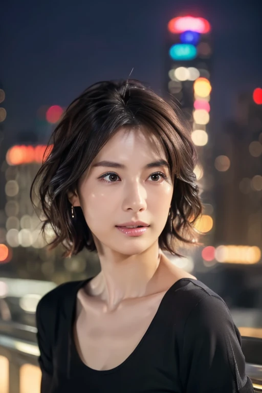 Random Pause, Mix 4, (8k, Original photo, highest quality, masterpiece: 1.45), (Actual, real: 1.37), Skinny Japanese woman, One girl, Charm, City view, night, rain, Wet, Professional Lighting, Photon Mapping, Radio City, Physically Based Rendering, Gradient black hair, Short Curly Hair, good looking, girl, T-Shirts, High resolution, 1080p, (Clear Face), (Detailed facial depiction), (Detailed description of the hand), (Exquisite CGI), Extreme light and shadow, Messy Hair, Lots of details, (Exquisite facial features), (highest quality photos), (Beautiful Eyes), Look in front of you, Thin clavicle,