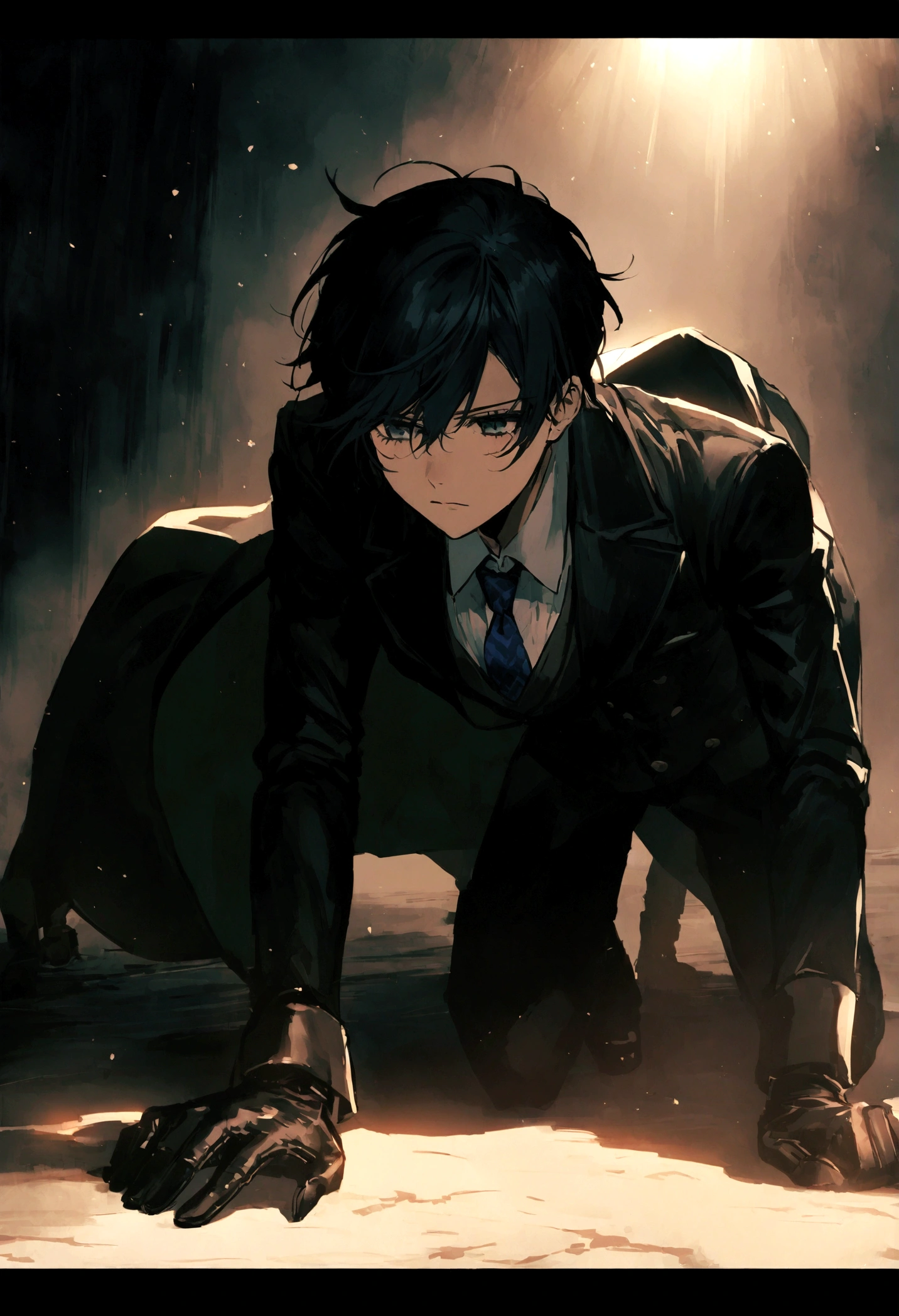 Ciel Phantomhive Wearing a Suit and Tie with a coat that reaches the ground , wearing Leather winter gloves. with a Stoic Expression