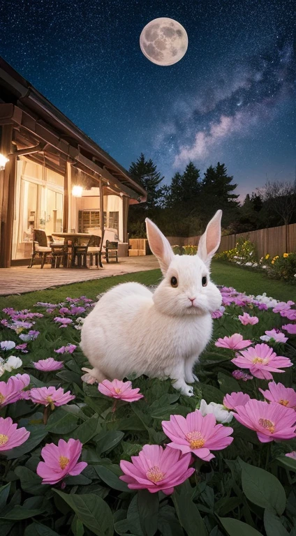 Big Moon Rounds,Adorable rabbit,at night,Starry Sky,Ultra HD,Fresh flowers,Fujiman,(Paper cutting style),Ultra HD,High resolution,Intricate details,Fantastic,romantic,Ultra-detailed CG art,