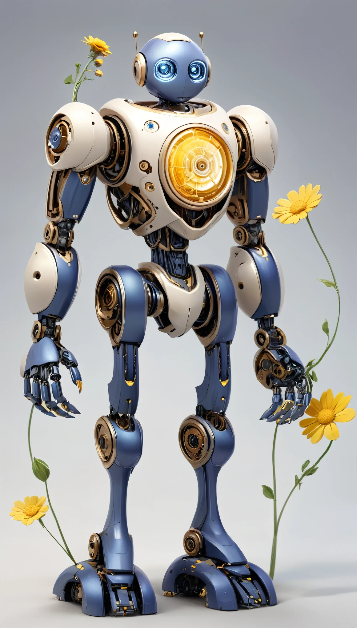 a wooden robot holding a delicate flower. The robot should have an intricate design with visible joints and mechanical parts, primarily made of wood. The robot's head should be tilted slightly, focusing intently on the flower in its hand. The flower should be a daisy with orange and yellow petals, appearing fragile and beautiful. The background should be an abstract, impressionistic blend of soft colors including blues, purples, and hints of yellow, with thick, textured brush strokes. Small flowers should be scattered in the background, adding a whimsical touch to the scene. The overall mood should be a blend of curiosity and serenity, with a touch of melancholy.