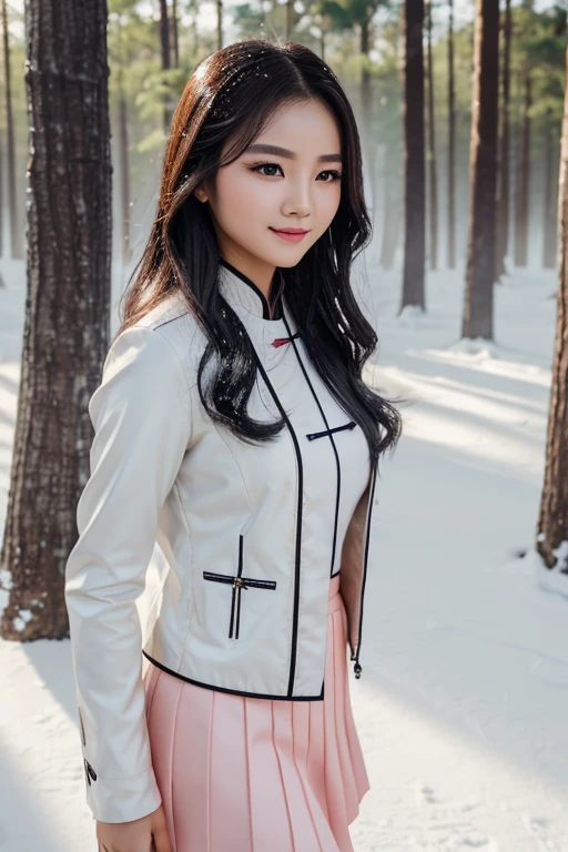 1 girl, Korean models, extremely beautiful, cơ thể perfect. Canon EOS R5 camera combined with Canon EF 200mm f/2.8L IS III USM adjusts to sharp shooting mode for landscapes and full-body characters. 8k image quality, Lifelike, masterpiece, sharpest and highest contrast, surreal color photos. pink hair, long smooth, The wind blows your hair beautifully under the bright sunlight. Beautiful face, perfect và gợi cảm, holiness, cân đối perfect, đẹp đến từng detail, ((shiny)), High-end cosmetic makeup. Bright smile, răng trắng tinh và detail. Đôi môi đỏ bóng charming, Bright glossy red lipstick. Brown eyes, shiny wet, charming, ((Sharp makeup)), true, ((wet eyes)), detail. Phấn mắt hồng, long eyelashes, blush,mỹ phẩm cao cấp. two delicate eyelids, đẹp perfect và detail, black eyelashes. Arched eyebrows, dear, sắc nét và detail. Mũi cao và detail. Gò má nổi bật và detail. ((Light white skin)), lỗ chân lông detail, da căng bóng, da căng mịn màng. leggy, shiny. beautiful hands, perfect, ((error-free)), no disability. Complex lighting, yellow-black rays, ((Face lighting)), sparkling sunlight, ((illuminate the girl&#39;s body)). Gold and silver earrings, diamond necklace, emerald belt, Rolex watch.
Slim-fit jacket skirt that falls above the knee, snow pine tree , bông tuyết, Mist, cold, Cinematic lighting, impressive shadow, wish a dream not real, Depth of field, volumetric light, trees covered with falling snow, Snow falls on hair, beautiful background landscape, hậu cảnh detail, siêu detail. Panoramic photo of a girl standing in a pine forest filled with white snow.