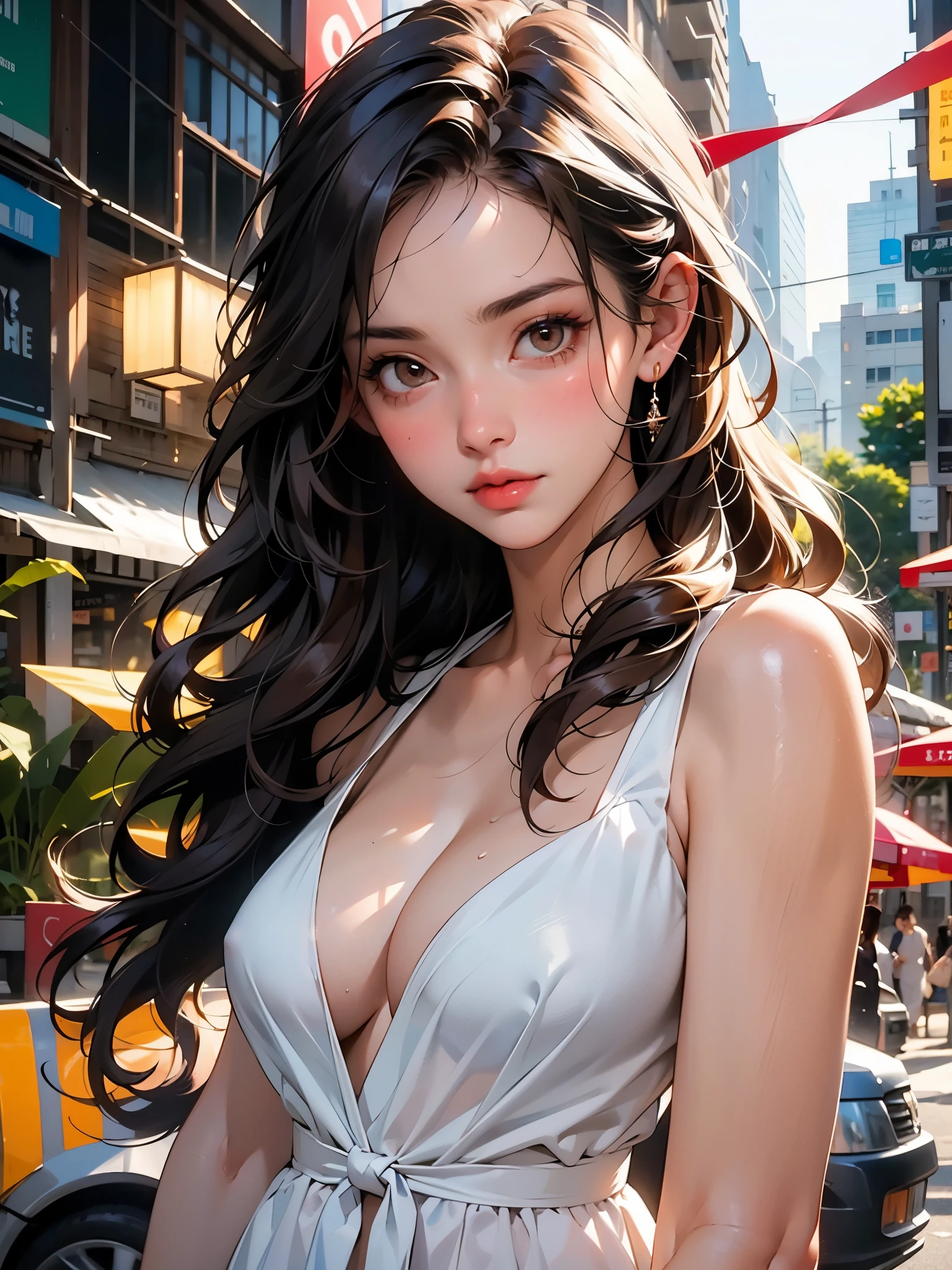 ((Best Quality, 8K, Masterpiece: 1.3)), Sharp: 1.2, Perfect Body Beauty: 1.4, Slim Abs: 1.2, ((Layered Hairstyle, Big Breasts: 1.2)), (Wet White Button Long Shirt: 1.1), (Rain, Street: 1.2), Wet: 1.5, Highly detailed face and skin texture, detailed eyes, double eyelids, side face looking at the camera