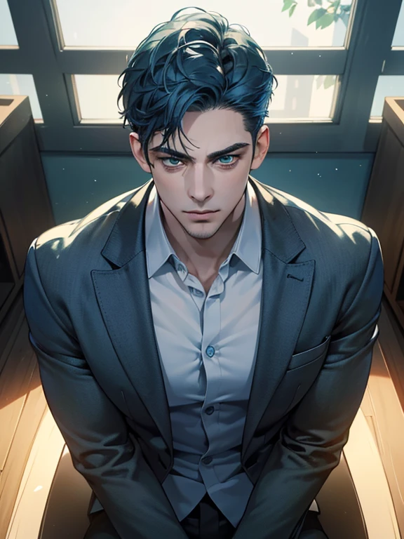 (best quality, masterpiece, 8K, photorealistic, cinematic lighting, hdr image, ultra detailed, beautiful image), 1 man, 31 years old, mature man, very handsome, (without expression, serious), short blue hair, green eyes ( penetrating gaze), imposing posture, businessman, office background
