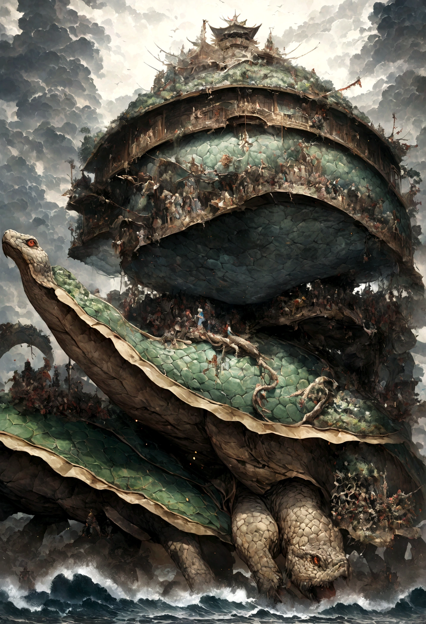 Dragon Turtle，Huge, Heavy Tortoise Shell，Chinese Leaders，snake long tail，Rolling Sea，Chinese style，OC Rendering，Ultra-fine，high quality，High resolution