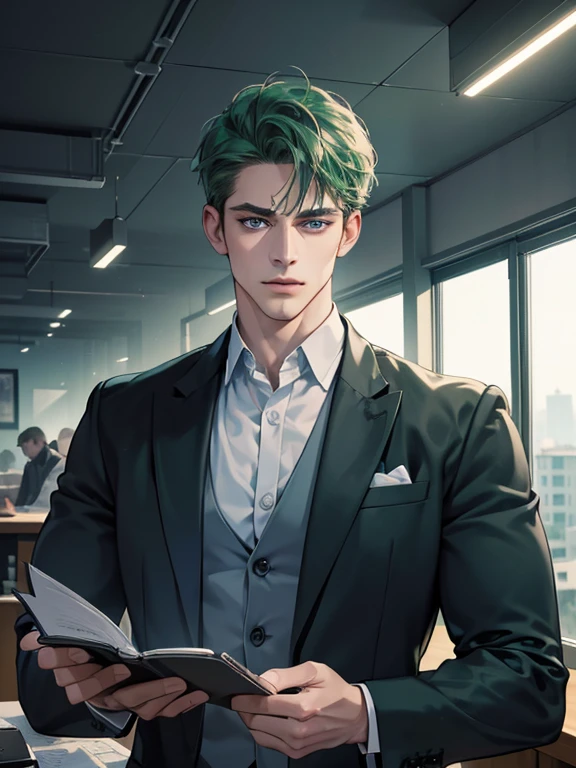 (best quality, masterpiece, 8K, photorealistic, cinematic lighting, hdr image, ultra detailed, beautiful image), 1 man, 31 years old, mature man, very handsome, (without expression, serious), short green hair, blue eyes ( penetrating gaze), imposing posture, businessman, office background