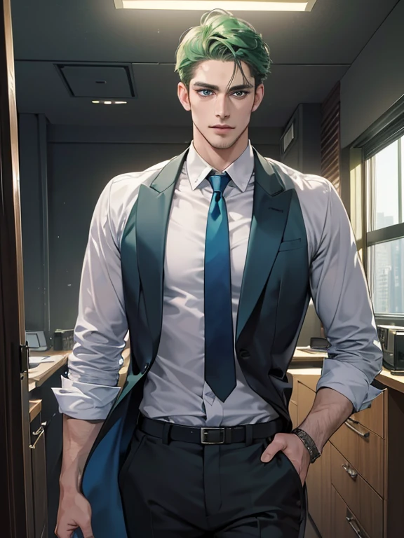 (best quality, masterpiece, 8K, photorealistic, cinematic lighting, hdr image, ultra detailed, beautiful image), 1 man, 31 years old, mature man, very handsome, (without expression, serious), short green hair, blue eyes ( penetrating gaze), imposing posture, businessman, office background