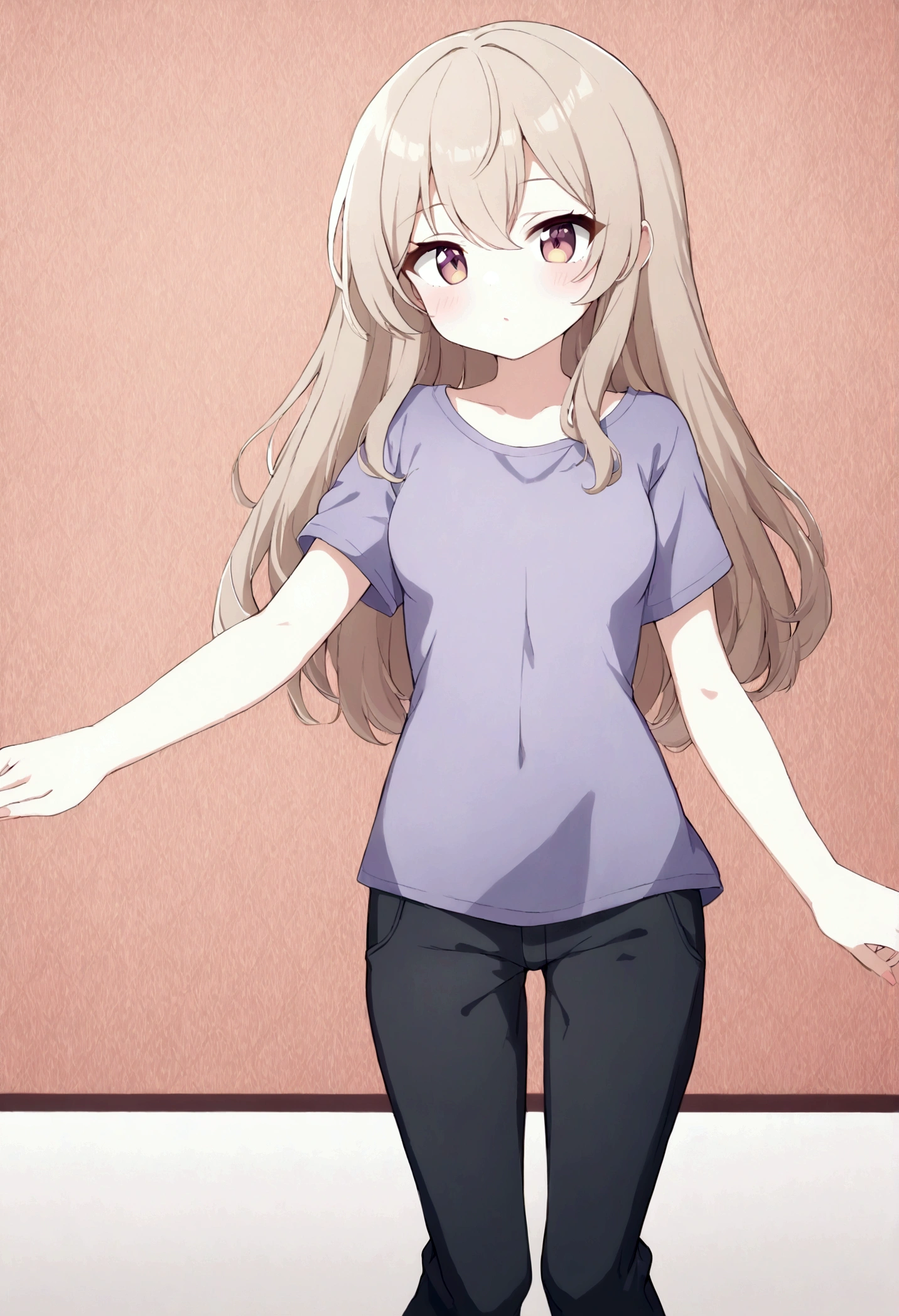 1girl, long light brown hair, small boobs, purple t-shirt, black pants