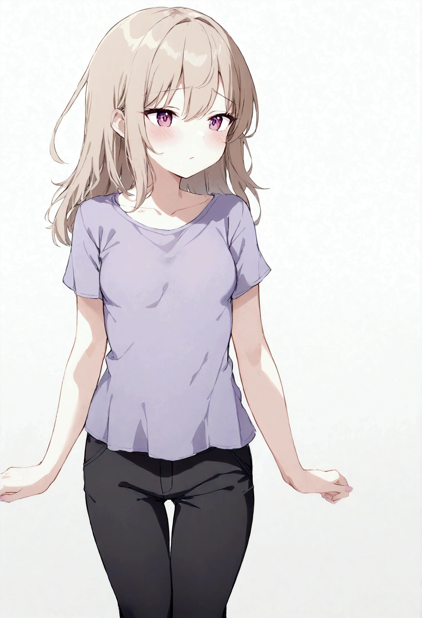 1girl, long light brown hair, small boobs, purple t-shirt, black pants