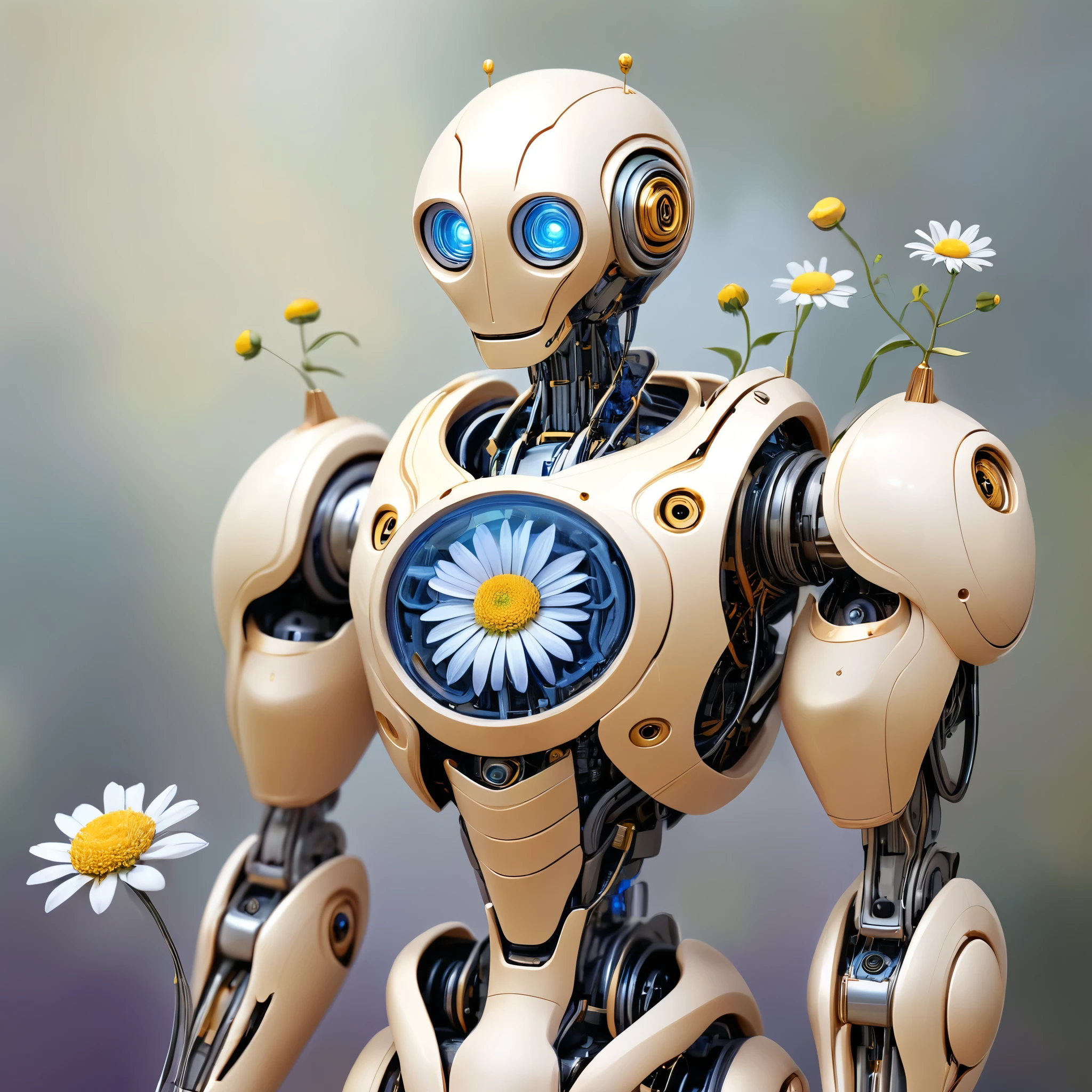 a wooden robot holding a delicate flower. The robot should have an intricate design with visible joints and mechanical parts, primarily made of wood. The robot's head should be tilted slightly, focusing intently on the flower in its hand. The flower should be a daisy with orange and yellow petals, appearing fragile and beautiful. The background should be an abstract, impressionistic blend of soft colors including blues, purples, and hints of yellow, with thick, textured brush strokes. Small flowers should be scattered in the background, adding a whimsical touch to the scene. The overall mood should be a blend of curiosity and serenity, with a touch of melancholy.