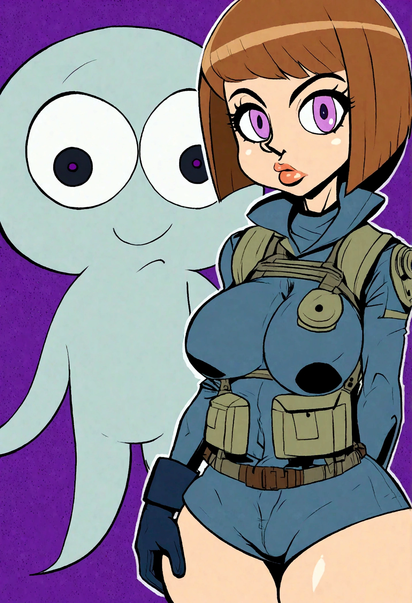 zPDXL, maddie fenton, dlt, dltoon style, cartoon style, geometric, vector, 1girl, thick thighs, mom, gloves, seductive look, circular breasts, brown hair, looking at viewer, purple eyes, blue jumpsuit, ghost hunting gear, bobcut hair, thin waist, solo, huge ass, massive hips, buttocks facing viewer, butch hartman style, flat colors, large eyes, thick lips, black pupils
