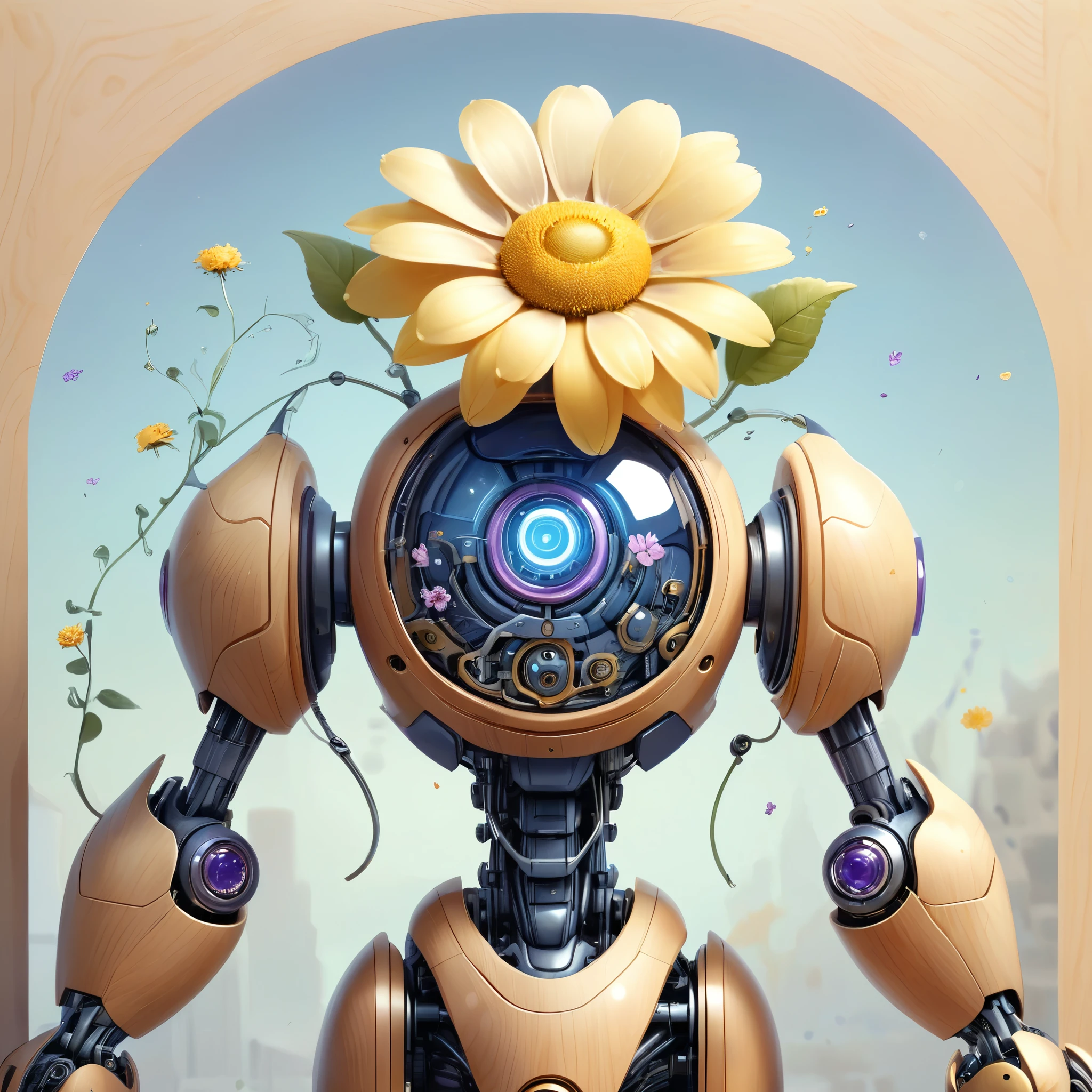 a wooden robot holding a delicate flower. The robot should have an intricate design with visible joints and mechanical parts, primarily made of wood. The robot's head should be tilted slightly, focusing intently on the flower in its hand. The flower should be a daisy with orange and yellow petals, appearing fragile and beautiful. The background should be an abstract, impressionistic blend of soft colors including blues, purples, and hints of yellow, with thick, textured brush strokes. Small flowers should be scattered in the background, adding a whimsical touch to the scene. The overall mood should be a blend of curiosity and serenity, with a touch of melancholy.