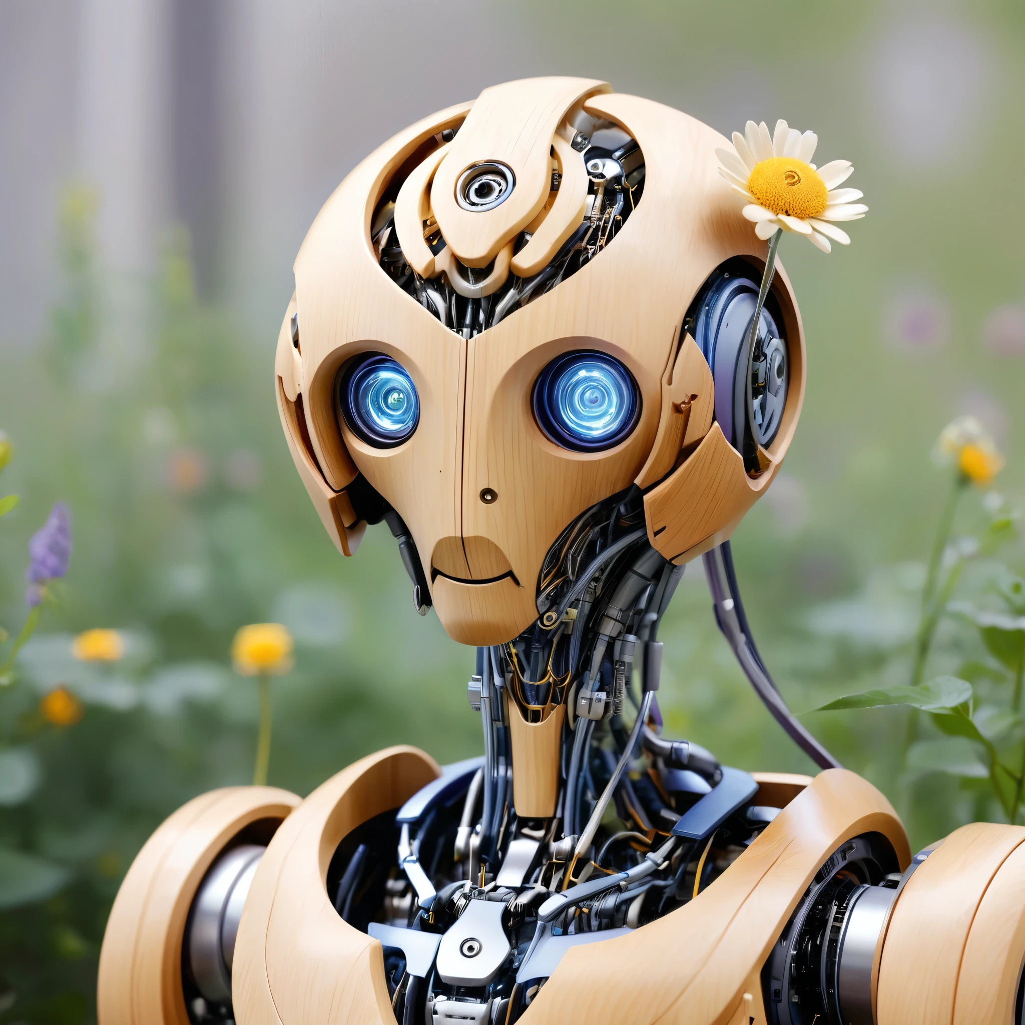 a wooden robot holding a delicate flower. The robot should have an intricate design with visible joints and mechanical parts, primarily made of wood. The robot's head should be tilted slightly, focusing intently on the flower in its hand. The flower should be a daisy with orange and yellow petals, appearing fragile and beautiful. The background should be an abstract, impressionistic blend of soft colors including blues, purples, and hints of yellow, with thick, textured brush strokes. Small flowers should be scattered in the background, adding a whimsical touch to the scene. The overall mood should be a blend of curiosity and serenity, with a touch of melancholy.