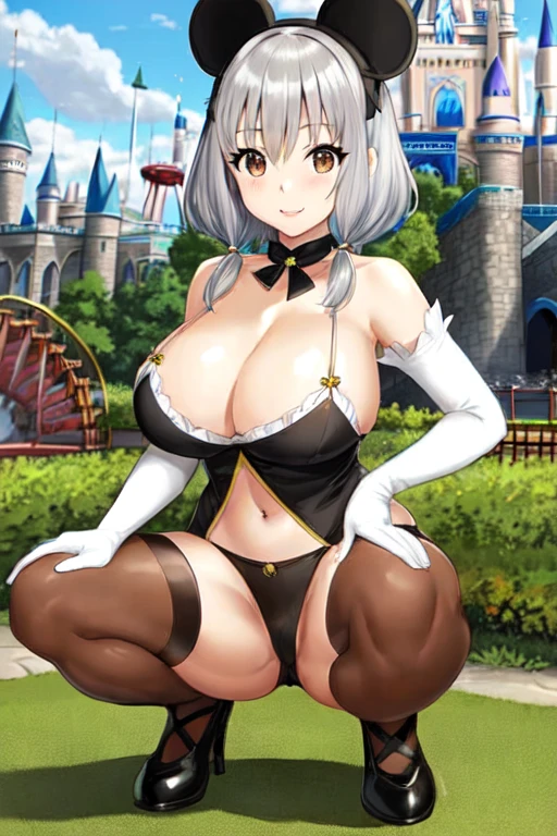 Create a crouching anime girl with silver hair and brown eyes, wide hips and big breasts in a 21-year-old theme park landscape.
