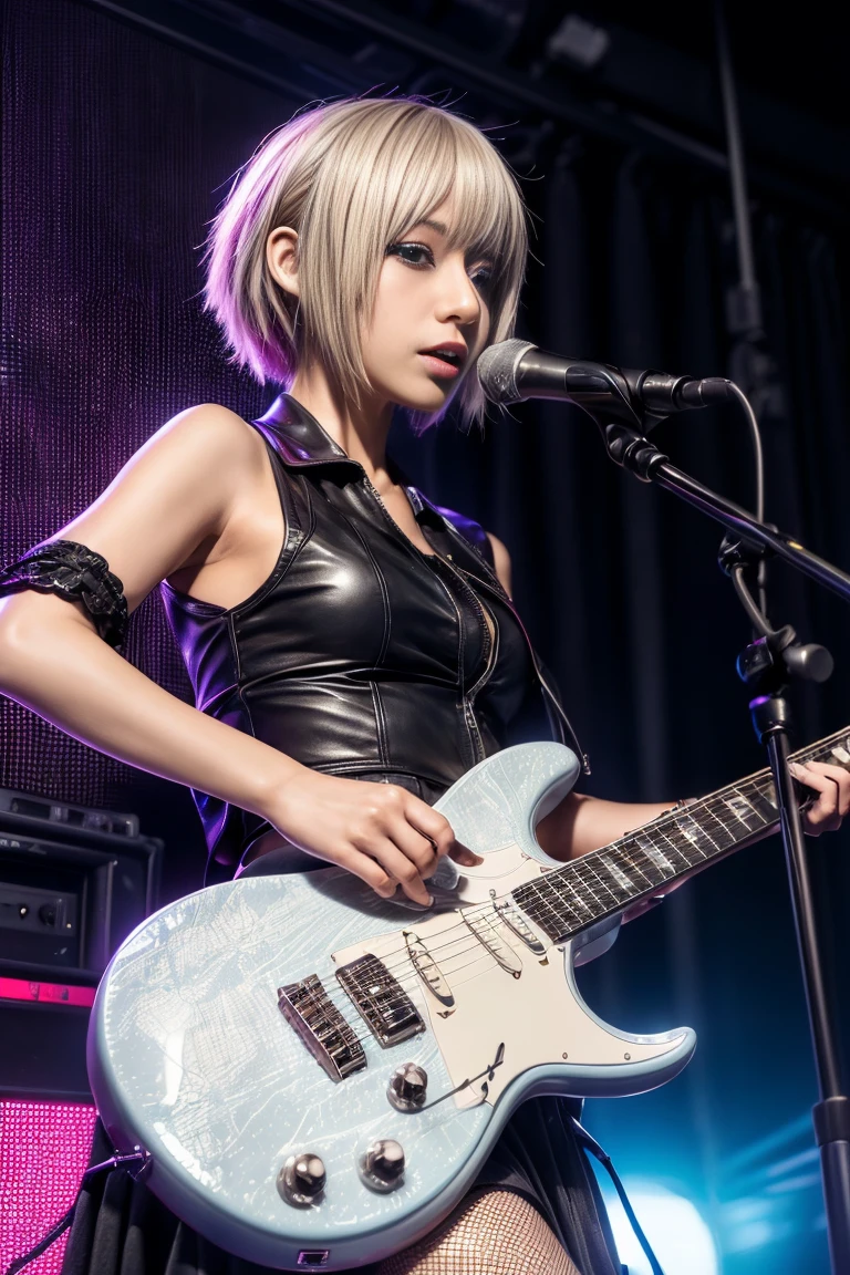 ((Masterpiece, top quality, high resolution)), ((highly detailed CG unified 8K wallpaper)), (huge stunning goddess shot, very hot and sexy, jaw-dropping beauty, perfect proportions, beautiful body, slim body beauty:1.1), araffe with a blue guitar and a gray shirt, dreamy rock girl, holding a silver electric guitar, the girl plays the guitar, chiho, holding electric guitar, holding electric guitars, portrait a woman like reol, holding a electric guitar, holding an electric guitar, playing electric guitar, photo from a promo shoot, rocking out,