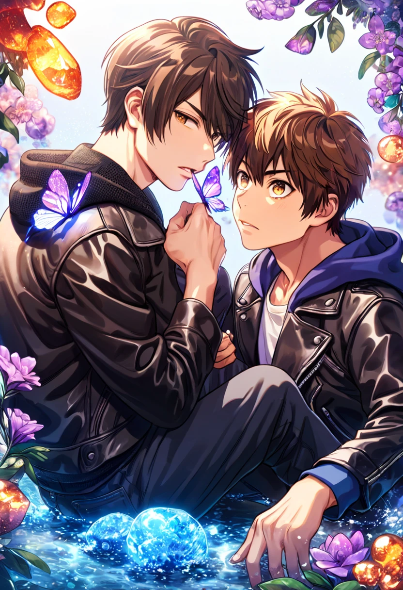 absurdres, highres, ultra detailed, HDR, master piece, best quality, extremely detailed face, delicated features, Sawamura Eijun, brown hair, expressive brown eyes, Diamond No Ace, Miyuki Kazuya, brown hair, messy and windswept, expressive amber eyes, two sexy men sitting together, gay couple, yaoi, handsome, black hoodie, black leather jacket, water, purple blossoms, purple flowers, purple butterflies, fantasy, magic, radiant
