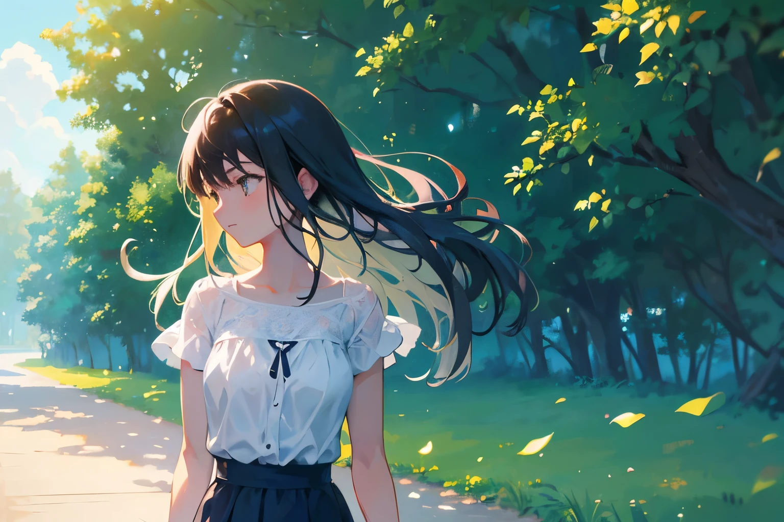Create exquisite illustrations reminiscent of Makoto Shinkai's style, It has ultra-fine details and top-notch quality. Generate a high-quality illustration depicting a scene of summer where a beautiful girl's hair is blowing in the wind. Ensure that the overall composition exudes a sense of nostalgia and fantasy, with intricate details capturing the essence of a nostalgic summer day. Pay attention to elements such as the gentle breeze ruffling the girl's hair, the warm sunlight casting dappled shadows, and the serene expression on the girl's face as she enjoys the tranquility of the moment. Aim for a finely crafted artwork that transports viewers to a nostalgic and whimsical summer scene. best quality, masterpiece