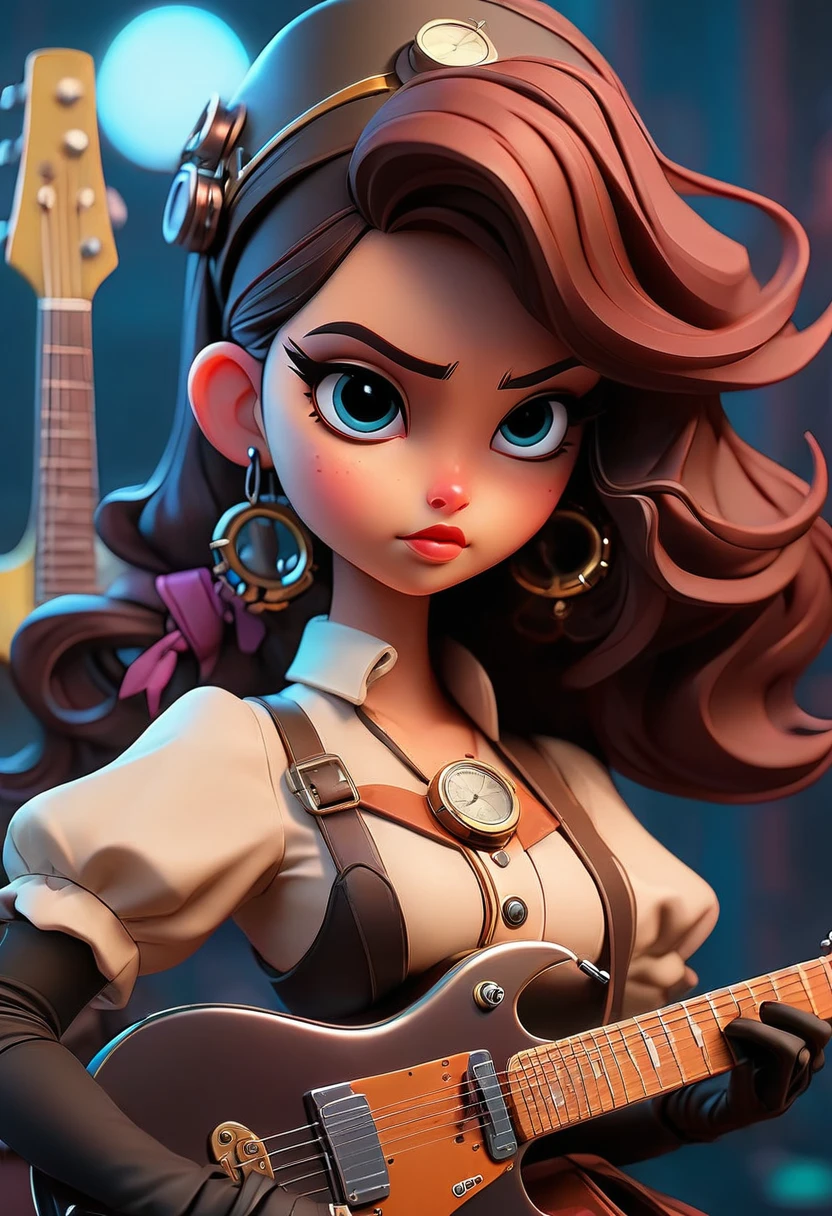 Steampunk style JK girl,Holding a shiny guitar,There is a blurry black shadow standing behind me,beautiful,Celluloid style,Flat coating,HD,3D,comics,8K,high quality,illustration,Vaporwave style,Rim Light,light,Super detailed,complicated,overclocked renderer,
