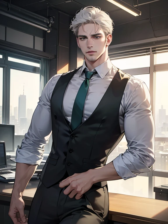 (best quality, masterpiece, 8K, photorealistic, cinematic lighting, hdr image, ultra detailed, beautiful image), 1 man, 31 years old, mature man, very handsome, (without expression, serious), short white hair, green eyes ( penetrating gaze), imposing posture, businessman, office background