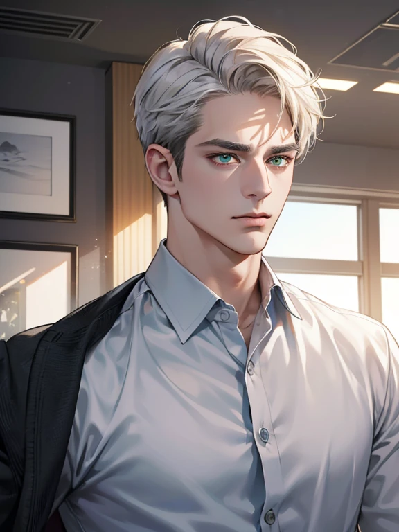 (best quality, masterpiece, 8K, photorealistic, cinematic lighting, hdr image, ultra detailed, beautiful image), 1 man, 31 years old, mature man, very handsome, (without expression, serious), short white hair, green eyes ( penetrating gaze), imposing posture, businessman, office background