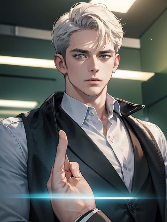 (best quality, masterpiece, 8K, photorealistic, cinematic lighting, hdr image, ultra detailed, beautiful image), 1 man, 31 years old, mature man, very handsome, (without expression, serious), short white hair, green eyes ( penetrating gaze), imposing posture, businessman, office background