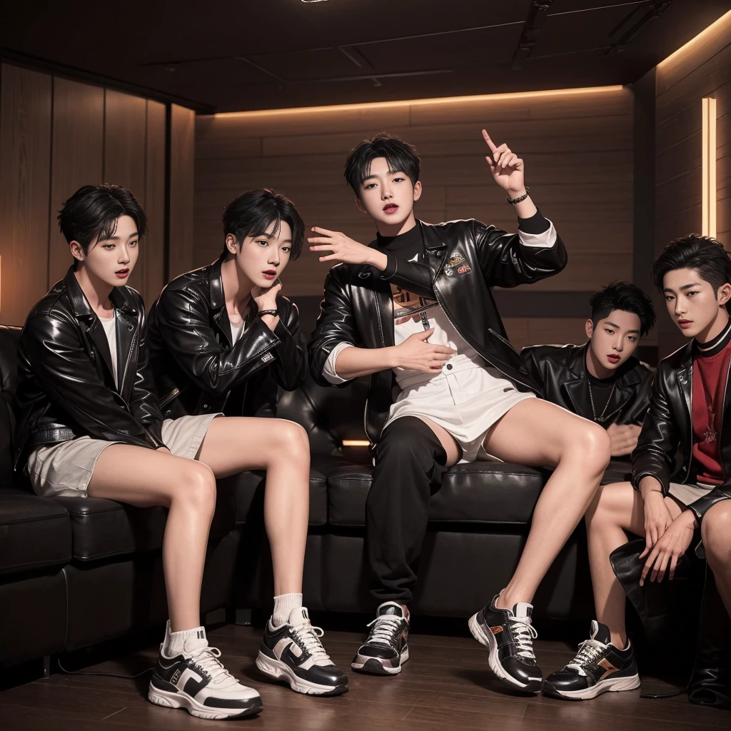 (high quality), Karaoke room enjoyed by many boys, Psych Lighting, leather sofa, whiskey table, karaoke equipment, Inside a dark karaoke room, (Four Korean boys are playing: 1.5), they have fun together, They look straight ahead, They are each wearing a variety of men's clothing and wore sneakers.