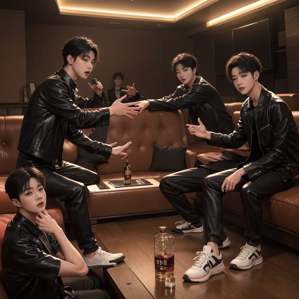 (high quality), Karaoke room enjoyed by many boys, Psych Lighting, leather sofa, whiskey table, karaoke equipment, Inside a dark karaoke room, (Four Korean boys are playing: 1.5), they have fun together, They look straight ahead, They are each wearing a variety of men's clothing and wore sneakers.