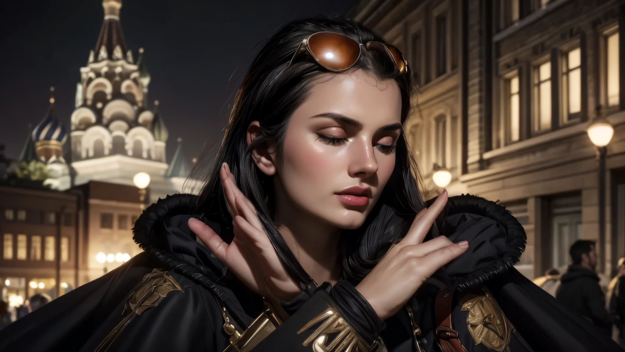 masterpiece, best quality, extremely detailed, hyperrealistic:1.1, photorealistic, a beautiful 20s russian model, ultra detailed face:1.1, sunglasses on head:1.1, black hair, black duffle coat, x-arms:1.3, eye closed:1.3, park, in the night:1.1