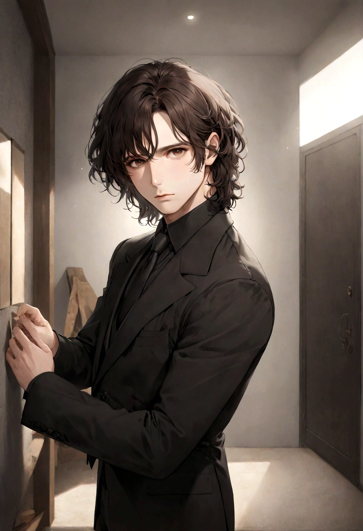 (traje de etiqueta para hombre), ), (con poca barba,) (ojos color cafe claro), Aspecto atractivo y serio, Dark brown hair, Elegante y con estilo, Un hombre similar al actor Jim Morrison, (Imagen realista y de alta calidad), Apartamento escandinavo en el fondo estilo estudio, ((La mejor calidad, 8K, obra maestra).((dynamic pose))