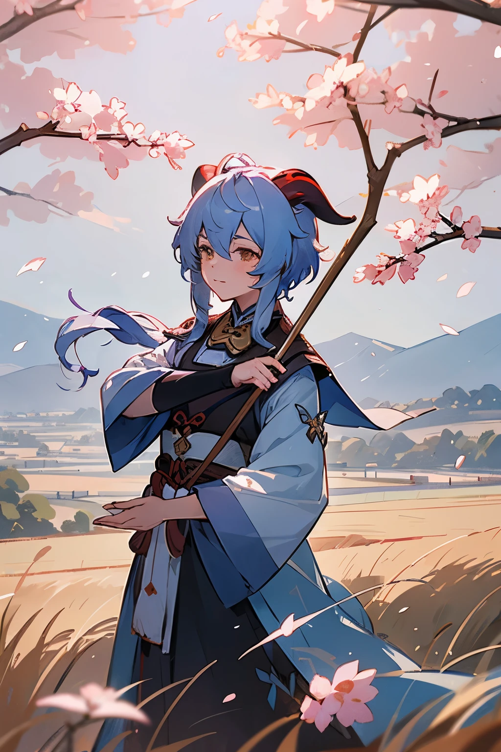 "Generate an image of Ganyu from Genshin Impact standing in the fields of Liyue with her bow drawn, ready to shoot a Frostflake Arrow. The background should be a beautiful Liyue landscape with mountains and cherry blossoms."