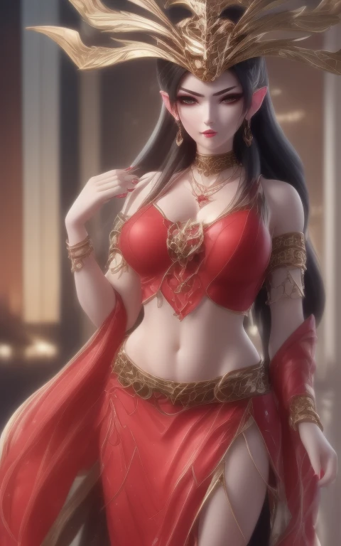 Excellent, masterpiece, black hair, Red Dress, look up, (((Full breasts,)))(((Large Breasts))) (((Cleavage))),, hair, White skin, Dissemination, Red Theme, skirt, Red Dress, conservative skirt