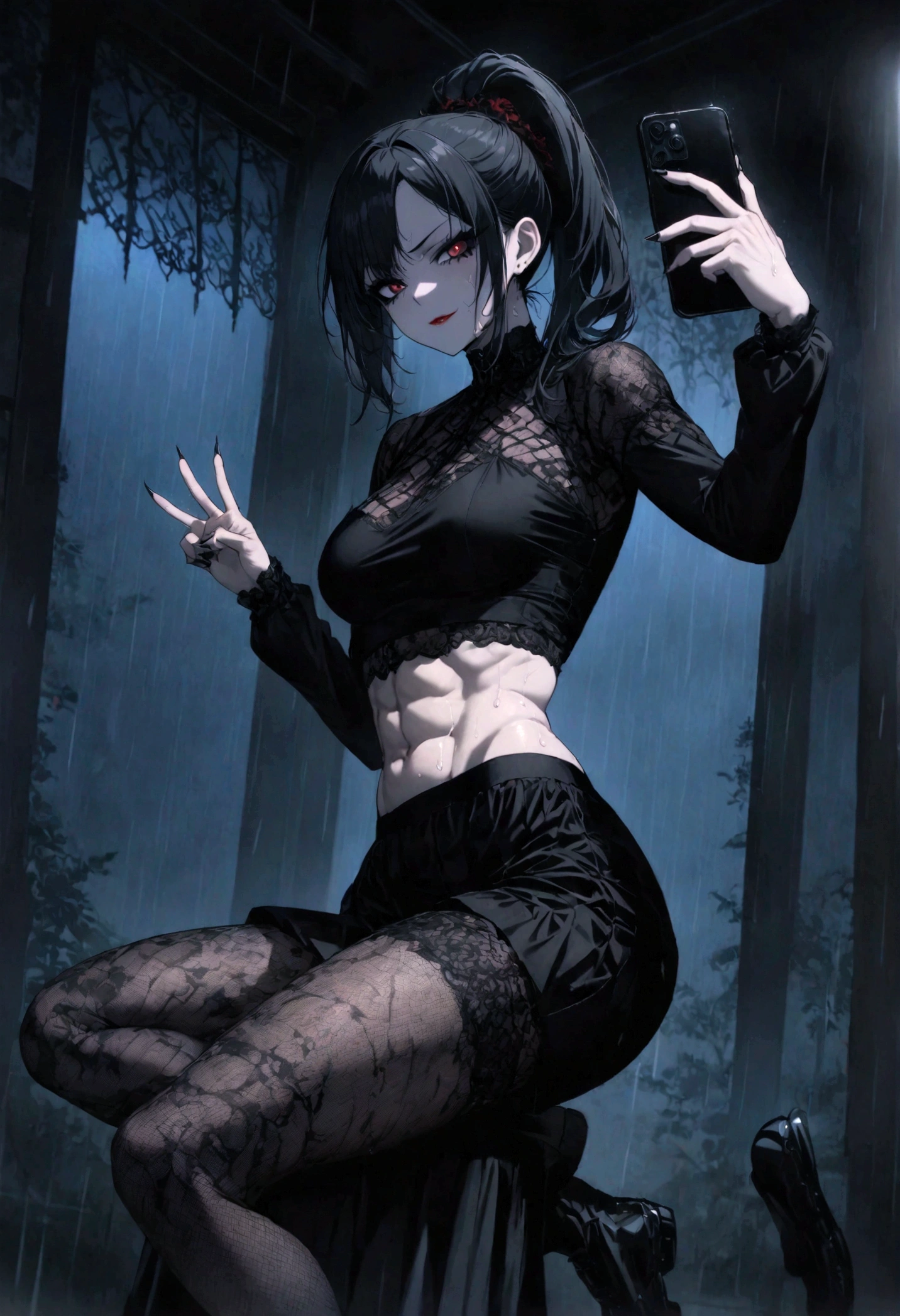 1girl, black hair, black clothes, crop top, leggings, big , thick thighs, muscular, gothic, detailed, red eyes, high quality, taking selfie, at gym, window in background with rain, anime, tall, abs, big butt, night time, mean look, gothic makeup, sweat on abs, pants showing muscular thighs, ponytail, black phone, low angle, black eye liner, black makeup, pants lowered showing more leg on left side, showing middle fingers towards camera