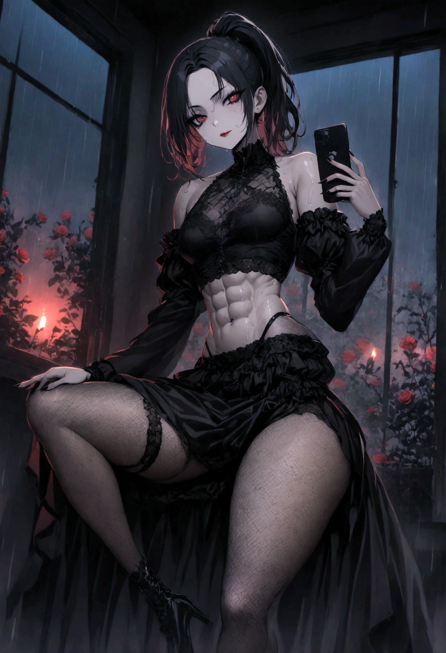 1girl, black hair, black clothes, crop top, leggings, big , thick thighs, muscular, gothic, detailed, red eyes, high quality, taking selfie, at gym, window in background with rain, anime, tall, abs, big butt, night time, mean look, gothic makeup, sweat on abs, pants showing muscular thighs, ponytail, black phone, low angle, black eye liner, black makeup, pants lowered showing more leg on left side, showing middle fingers towards camera